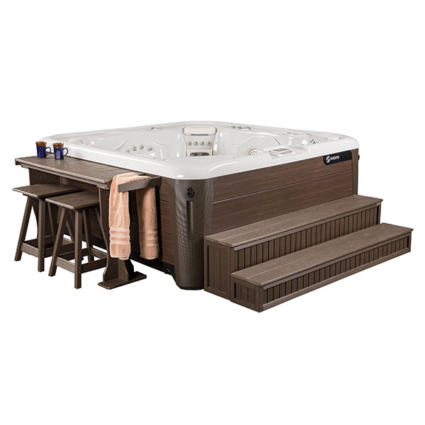 Towel Table, Square Top Stools, 2 Tier Enclosed Steps in Mocha